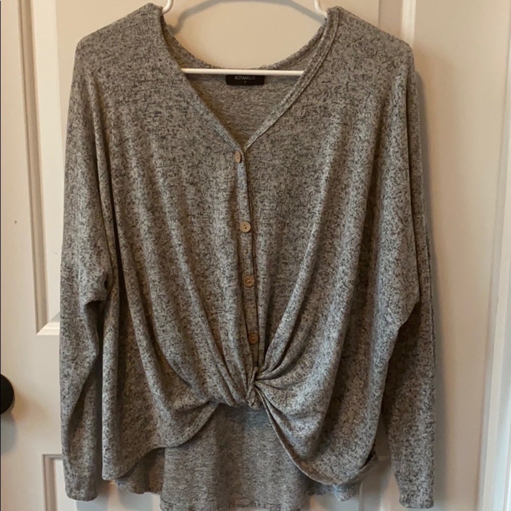 Botanique Grey Knot Hem Top with Wood Buttons